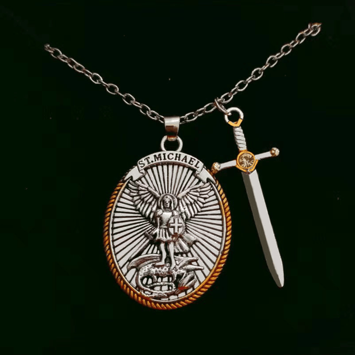 FREE Today: Two Tone Sword & Oval Shield St. Michael Pendant Necklace