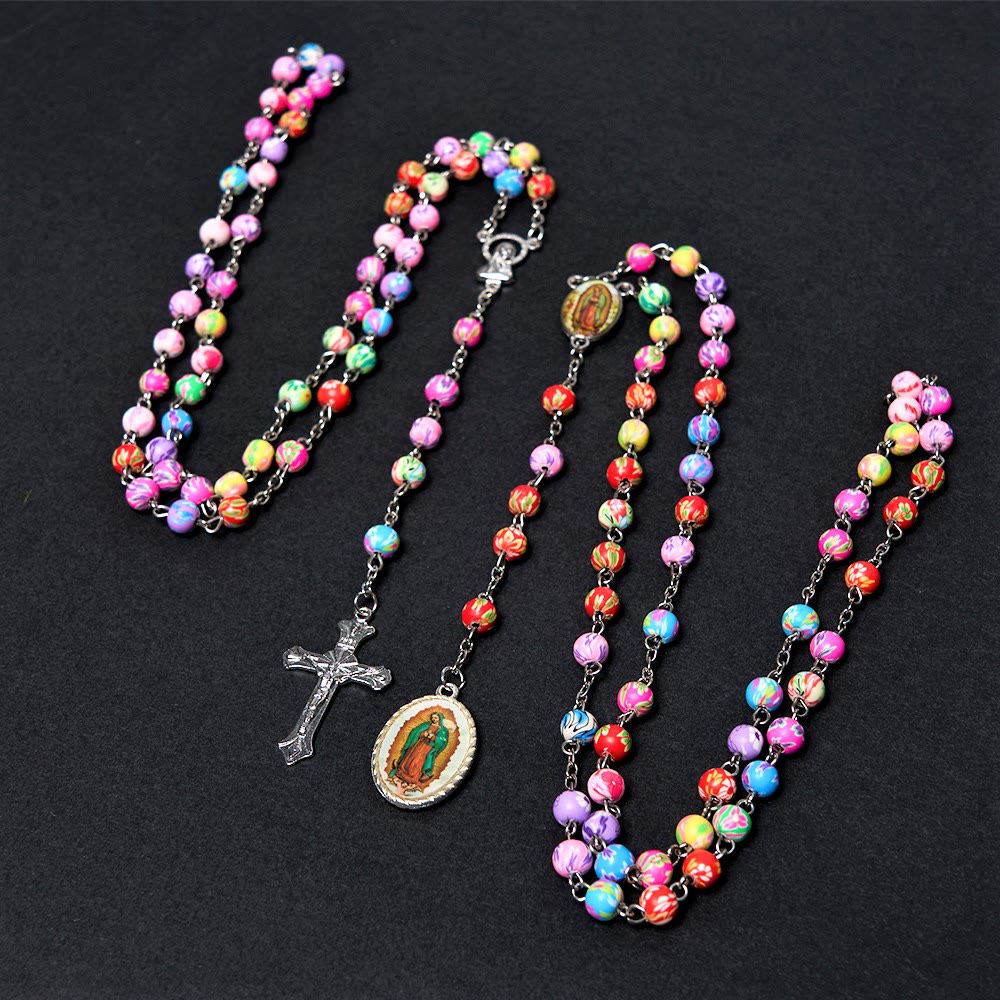 Discount Today: Christian Art Our Lady of Guadalupe & Crucifix of 6 mm Round Multicolor Polymer Clay Alloy Chain Rosary