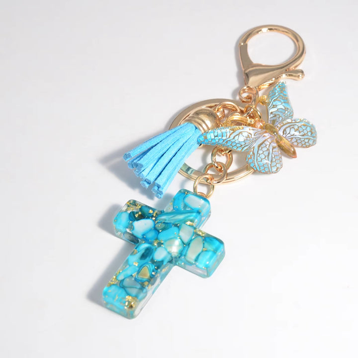 Christian Art 6 Fresh Style Color Resin Butterfly Cross Keychain