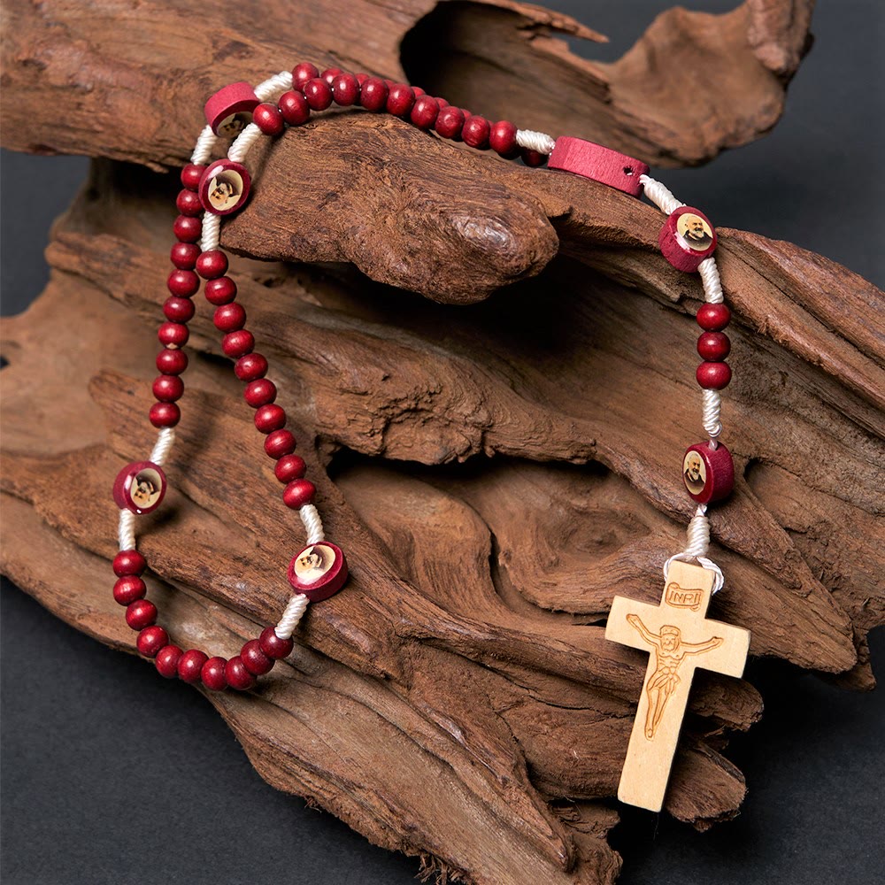 Christian Art Wine Red Wooden Beads Cross Virgin Mary Hand Held Rosary