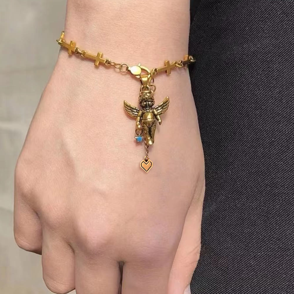 Discount Today: Christian Art Retro Style Bronze Lucky Star Angel & Heart Cross Bracelet