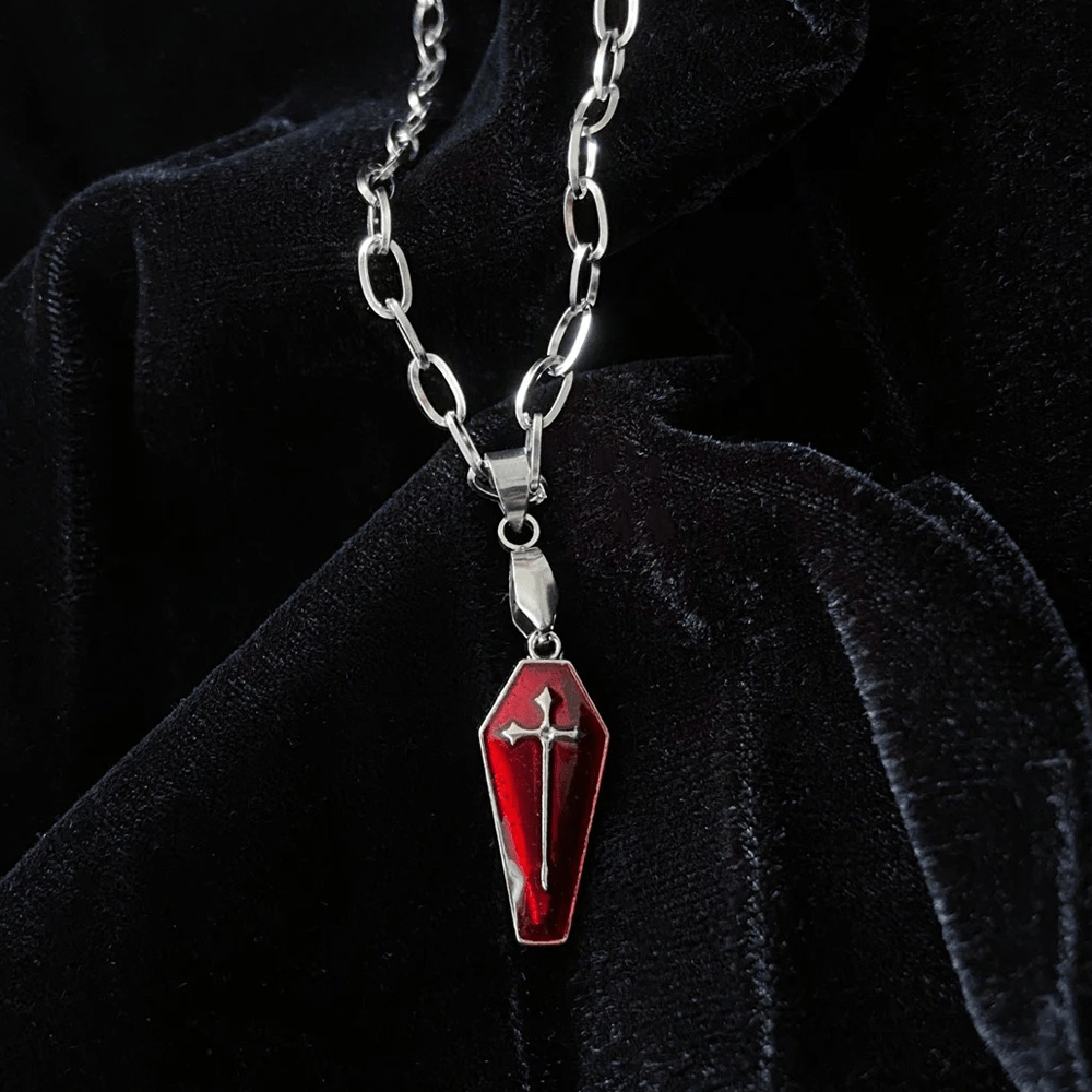 Christianartworkshop Gothic Style Red Enamel Halloween Vampire Coffin Cross Necklace