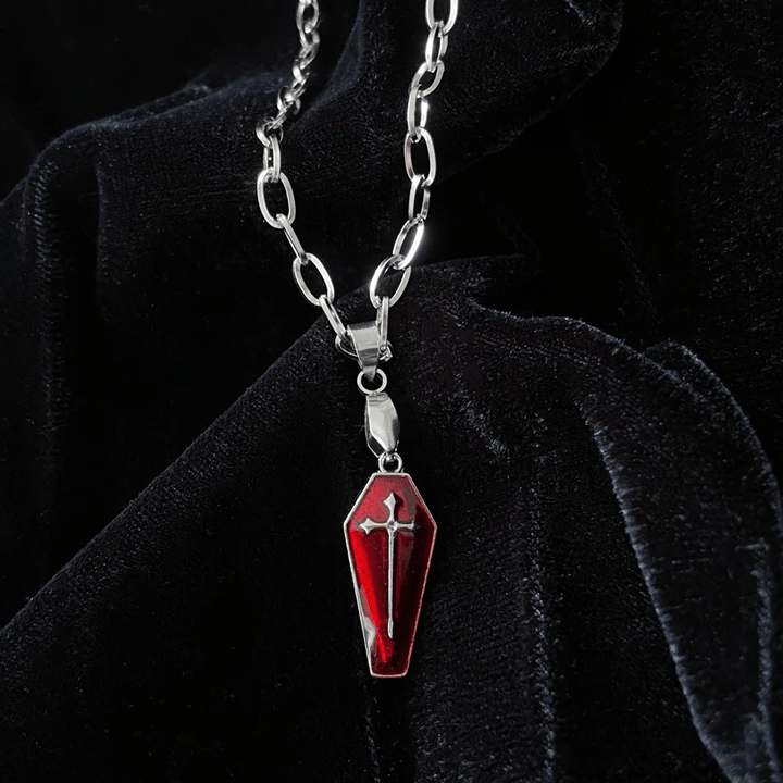 Christianartworkshop Gothic Style Red Enamel Halloween Vampire Coffin Cross Necklace