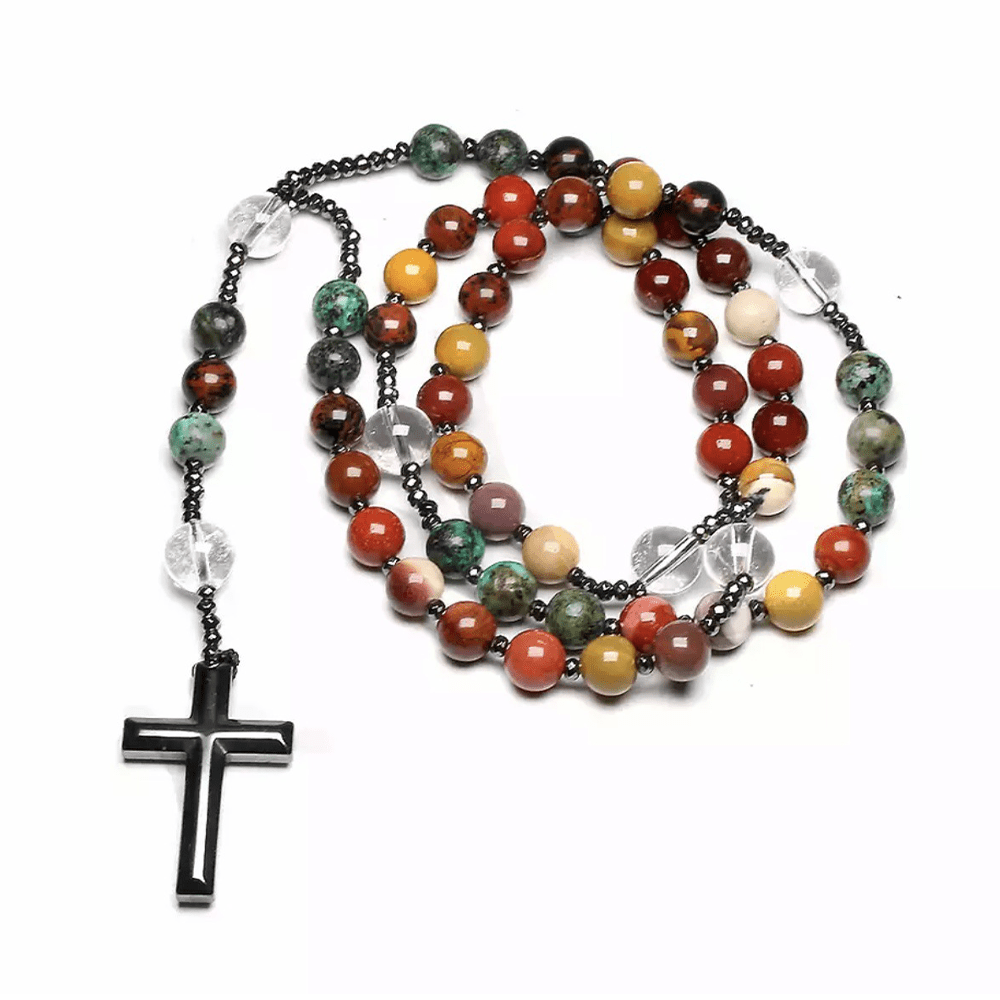 Hematite Cross Pendant Natural Stone Mix Christian Rosary
