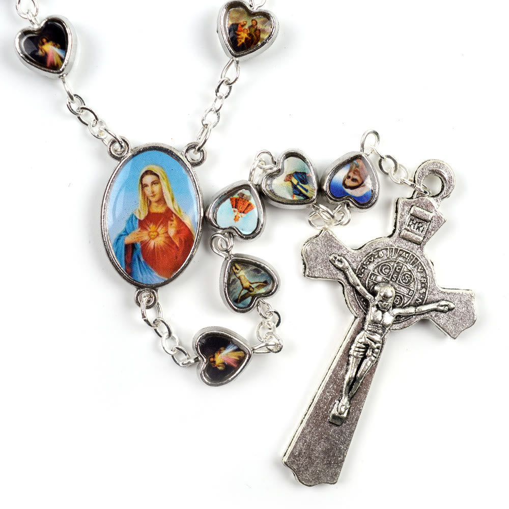 Christianartworkshop Immaculate Heart of Mary & Crucifix of 9*8 mm Heart Multicolor Acrylic Alloy Chain Rosary