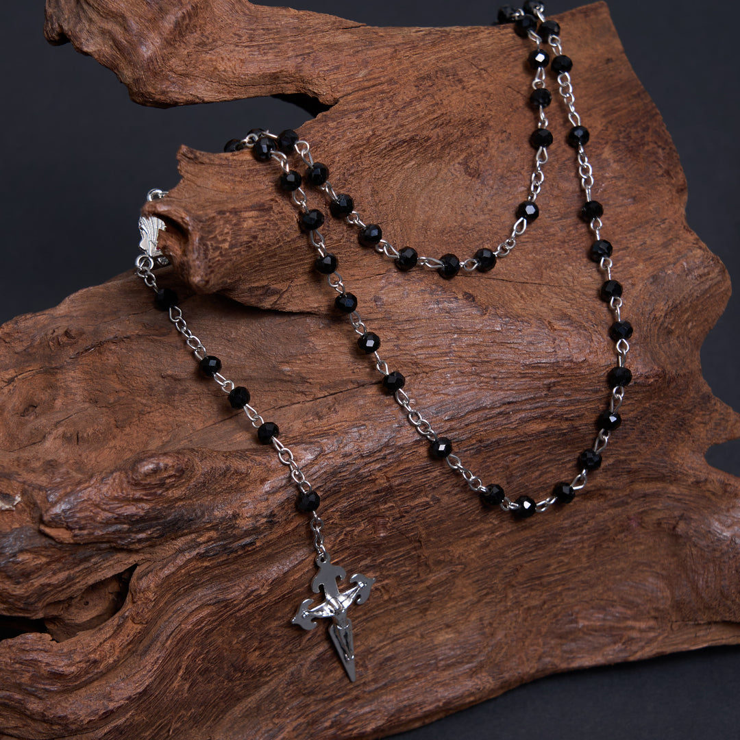 Christianartworkshop Crucifix of 6 mm Polyhedron Black Crystal Alloy Chain Rosary