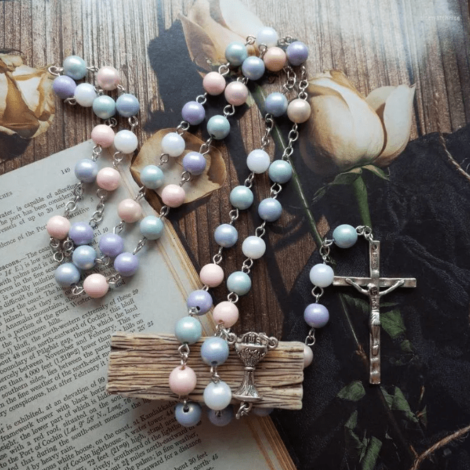 Christian Art Holy Grail & Crucifix of 8 mm Round Multicolor Acrylic Alloy Chain Rosary