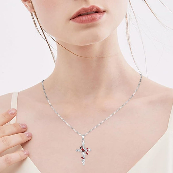 Crafted Cardinal Necklace Cross Pendant Red Bird Necklace