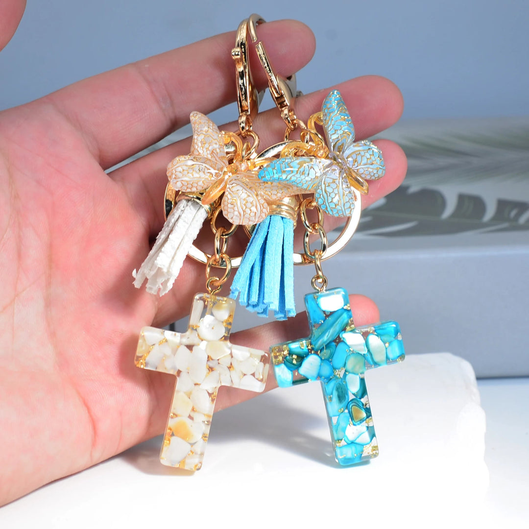 Christian Art 6 Fresh Style Color Resin Butterfly Cross Keychain