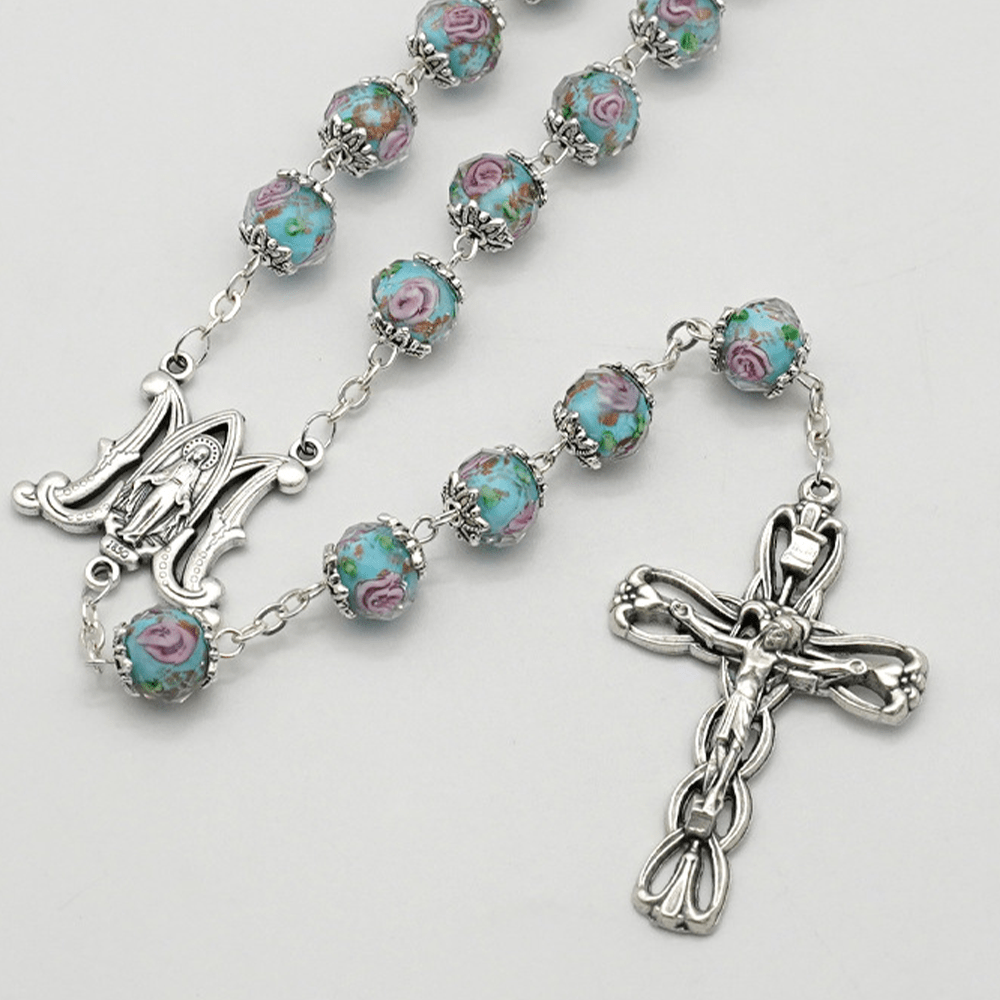 Christianartworkshop Glazed Crystal Rose Flower Beads Rosary