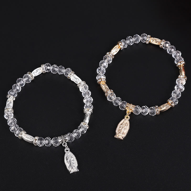 Clear Glass Bead Bracelet with Virgin Mary Pendant