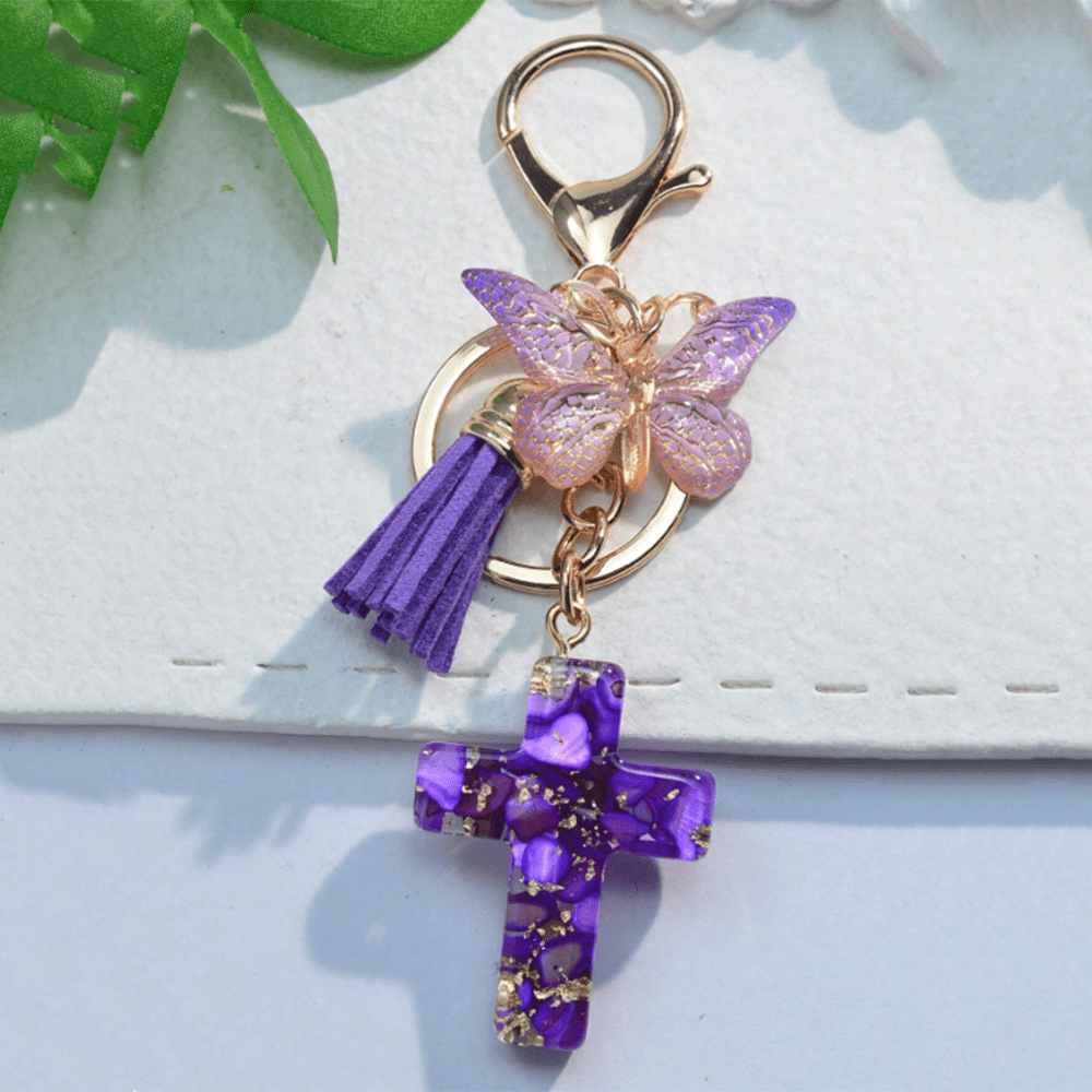 Christianartworkshop 6 Fresh Style Color Resin Butterfly Cross Keychain