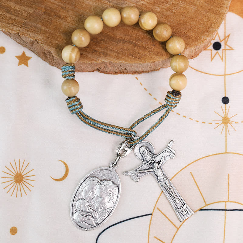 Mary Joseph with Baby Jesus Medal & Holy Trinity Cross Olive Wood Pocket Rosary