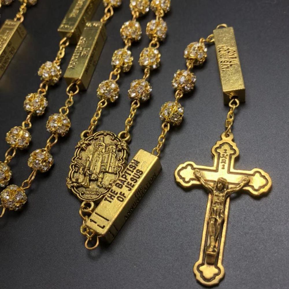 Christianartworkshop Our Lady of Fátima & Crucifix of 8 mm Round Golden Metal Gems Alloy Chain Rosary