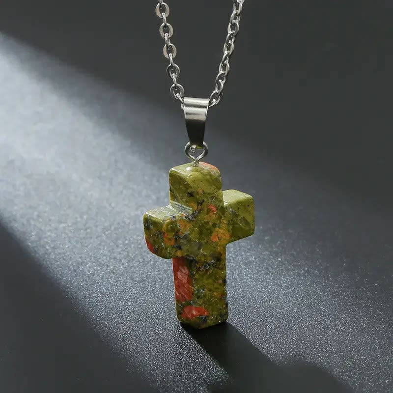 Natural Stone Cross Gemstone Pendant Necklace