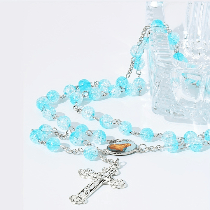Celestial Blue Glass Beads Rosary with Jesus Heart & Crucifix