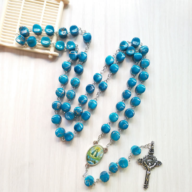 Christianartworkshop Our Lady of Guadalupe & Crucifix of 10 mm Polyhedron Peacock Blue Acrylic Alloy Chain Rosary