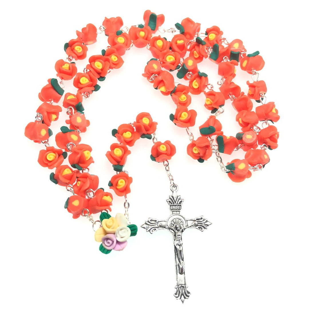 Christian Art Crucifix of 8 mm Rose Multicolor Polymer Clay Alloy Chain Rosary