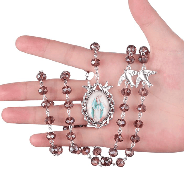 Holy Spirit & Our Lady of Grace of 6*8 mm Polyhedron Purple Crystal Alloy Chain Rosary