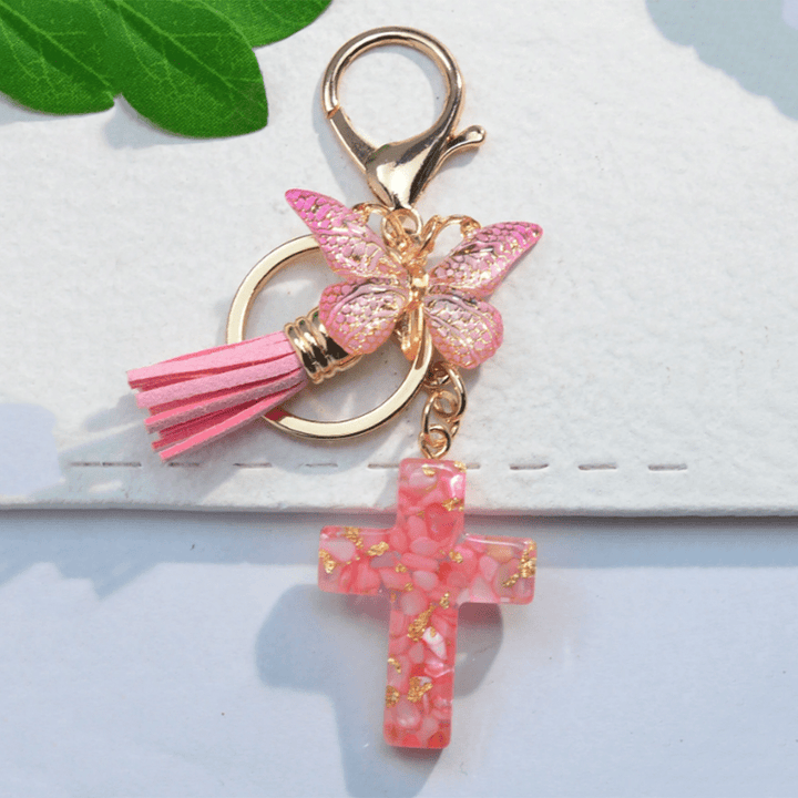 Christian Art 6 Fresh Style Color Resin Butterfly Cross Keychain