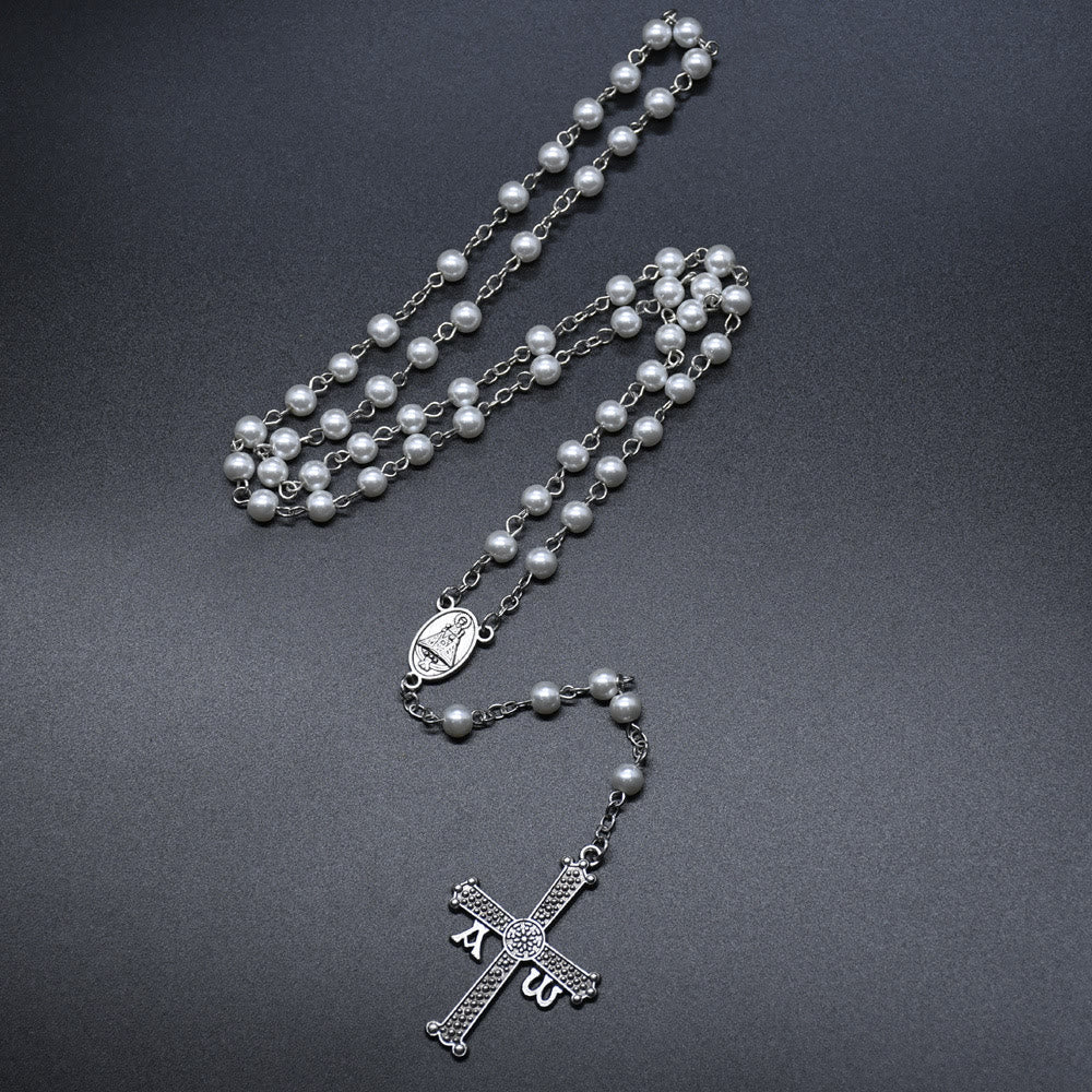 Christianartworkshop San Juan del Valle Medal & Cross of 6 mm Round White Glass Alloy Chain Rosary