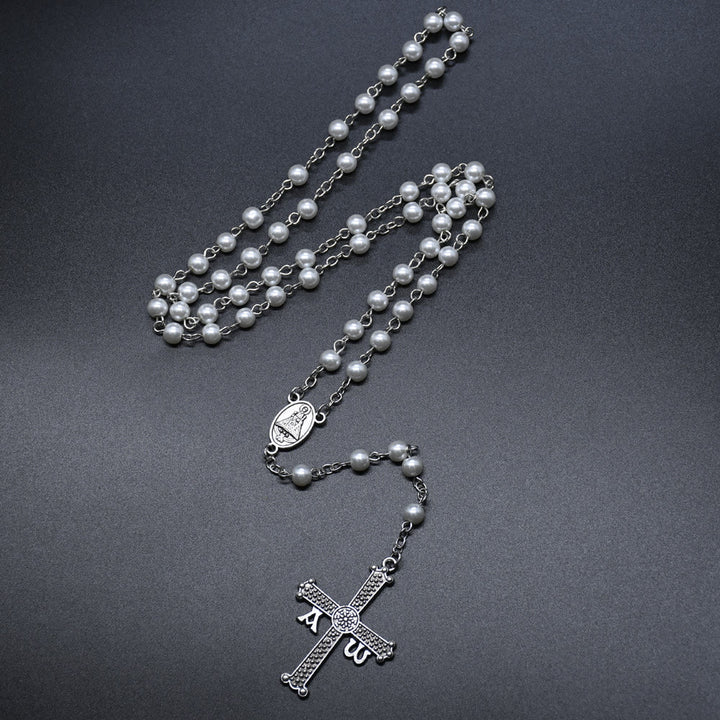 Christian Art San Juan del Valle Medal & Cross of 6 mm Round White Glass Alloy Chain Rosary