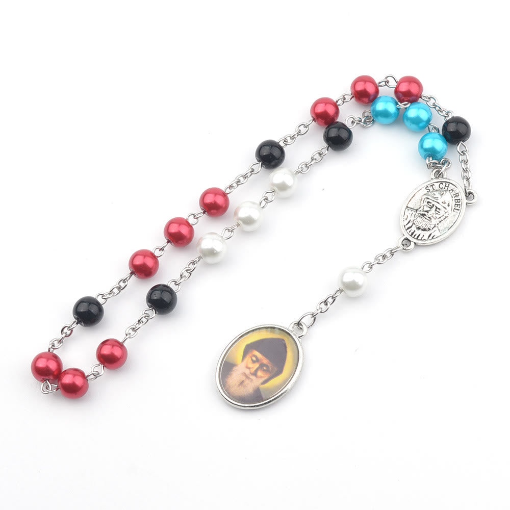 St. Charbel Pendant Glass Multicolor Beads Rosary