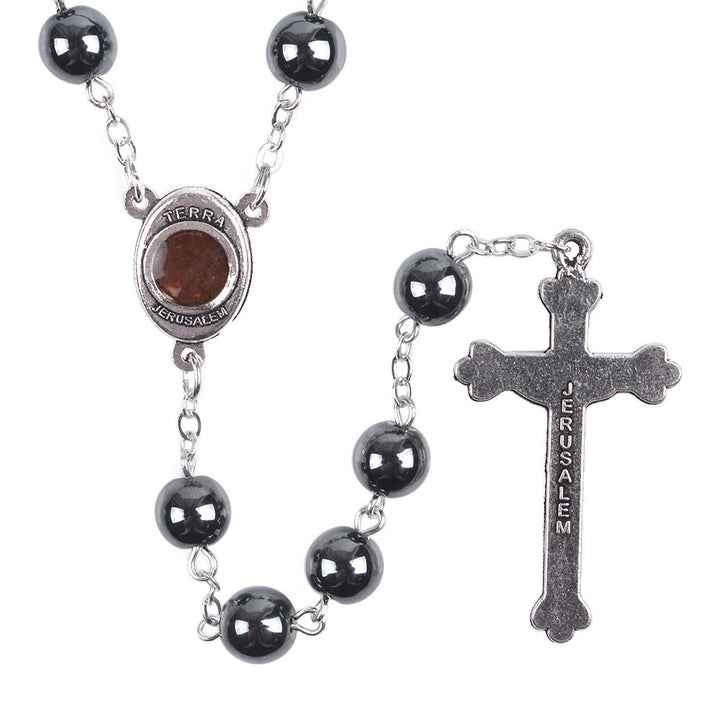 Christian Art Madonna and Child & Crucifix of 8 mm Round Black Hematite Alloy Chain Rosary