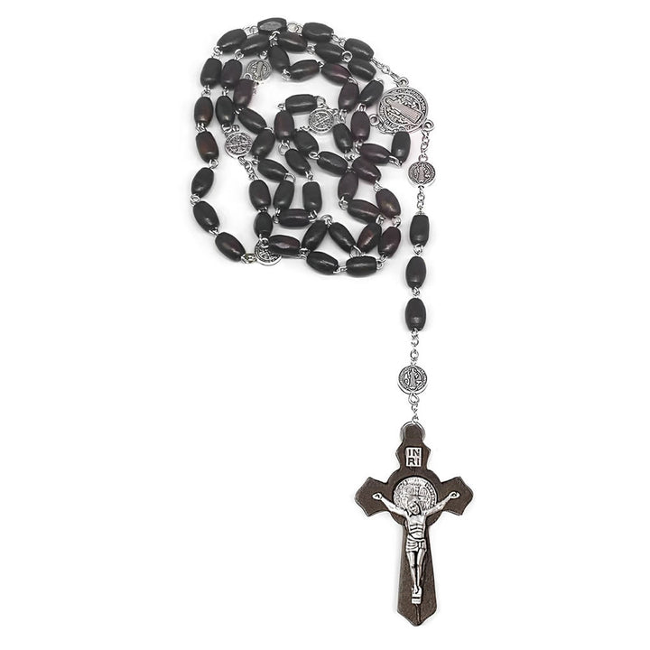 Christian Art St. Benedict Medal & Crucifix of 8*10 mm Oval Brown Wood Alloy Chain/Nylon Cord Rosary