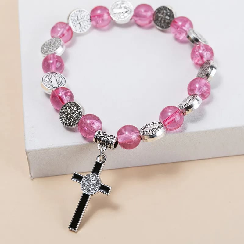 Christ Jesus Cross Alloy Charm Pendant Beaded Bracelet