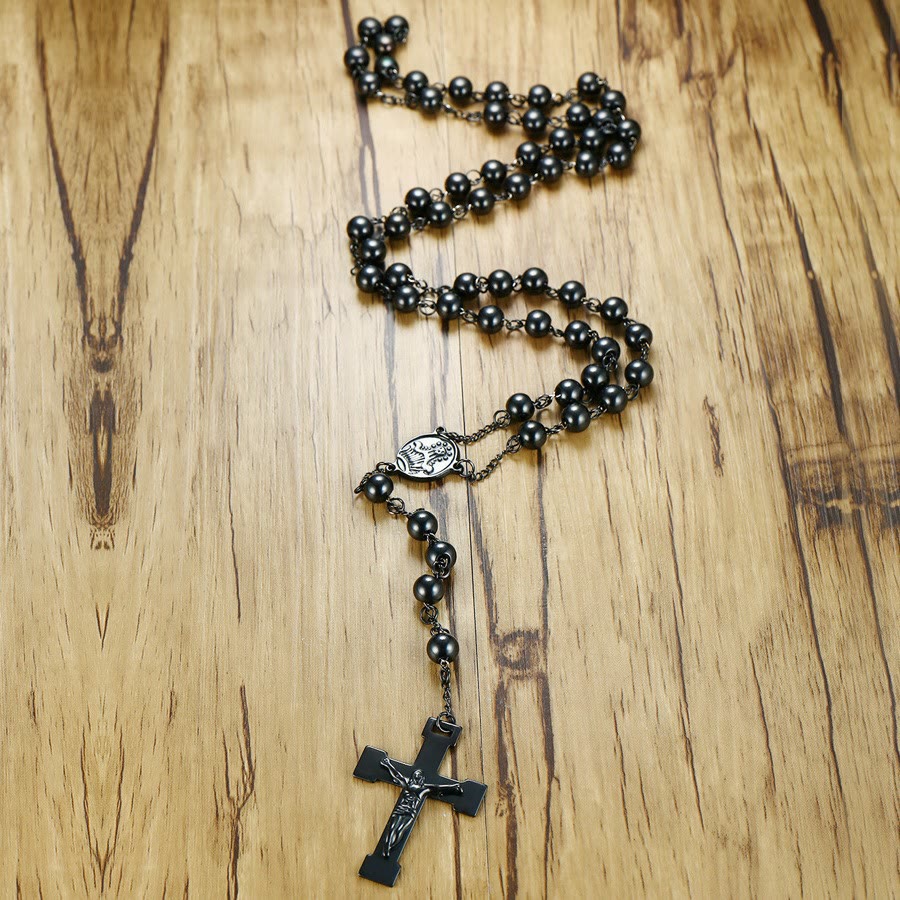 Christianartworkshop Our Lady of Grace & Crucifix of 8 mm Round Black Steel Ball Alloy Chain Rosary