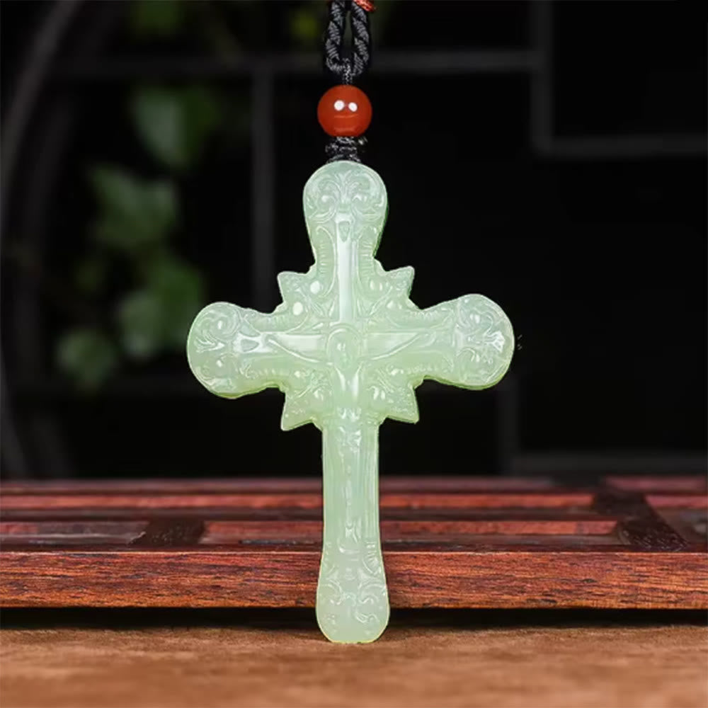 Christian Art Classic Style Hetian Jade Clear Water Material Crucifix Round Bead Necklace