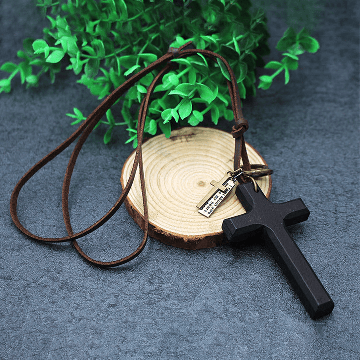Vintage Wood Cross Adjustable Leather Necklace