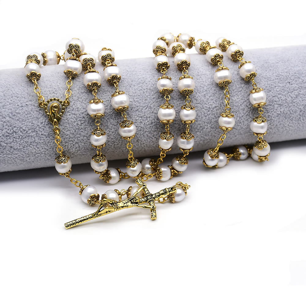 Christian Art Our Lady of Grace & Crucifix of 8*9 mm Round White Pearl Alloy Chain Rosary