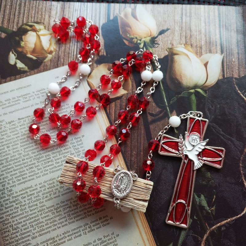 IHS Holy Spirit Dove Cross Pendant Red Beads Rosary