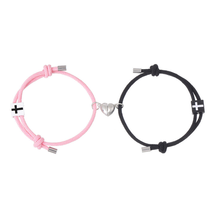 Christian Art Minimalist Style Heart Magnet Alloy Cross Adjustable Couple Bracelet