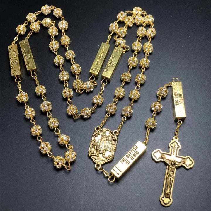 Christian Art Our Lady of Fátima & Crucifix of 8 mm Round Golden Metal Gems Alloy Chain Rosary