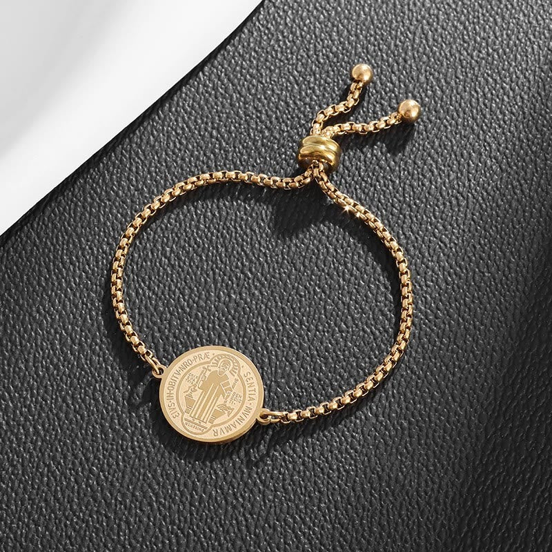 St. Benedict Engraved Medal Christian Adjustable Bracelet