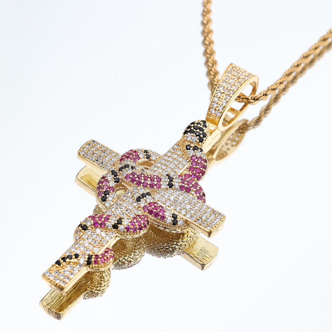 Sparkling Gold Cross Zirconia Pink Snake Pendant Necklace