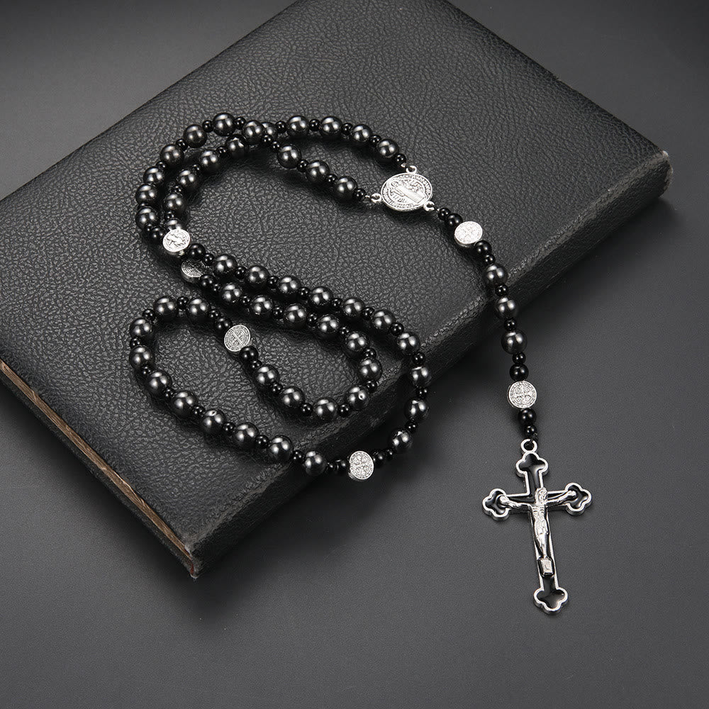 Christian Art St. Benedict Medal & Cross of 8 mm Round Black Multi-material Nylon Cord Rosary