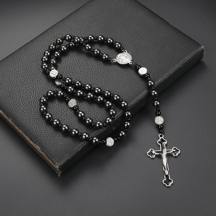 Christianartworkshop St. Benedict Medal & Cross of 8 mm Round Black Multi-material Nylon Cord Rosary