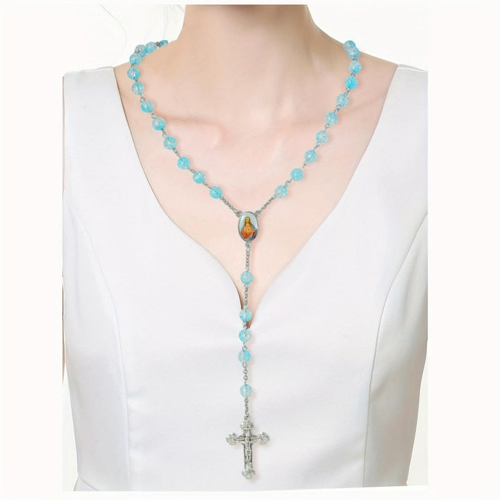 Celestial Blue Glass Beads Rosary with Jesus Heart & Crucifix
