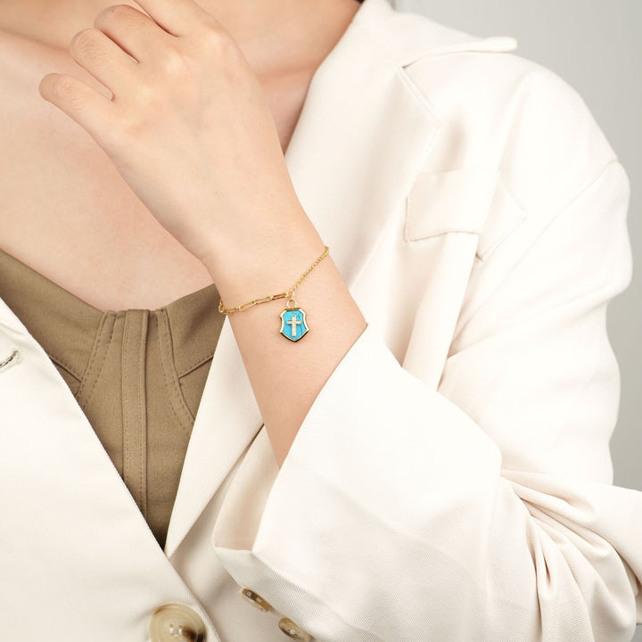Turquoise Cross Shield Blessing Bracelet with Zircon Stones