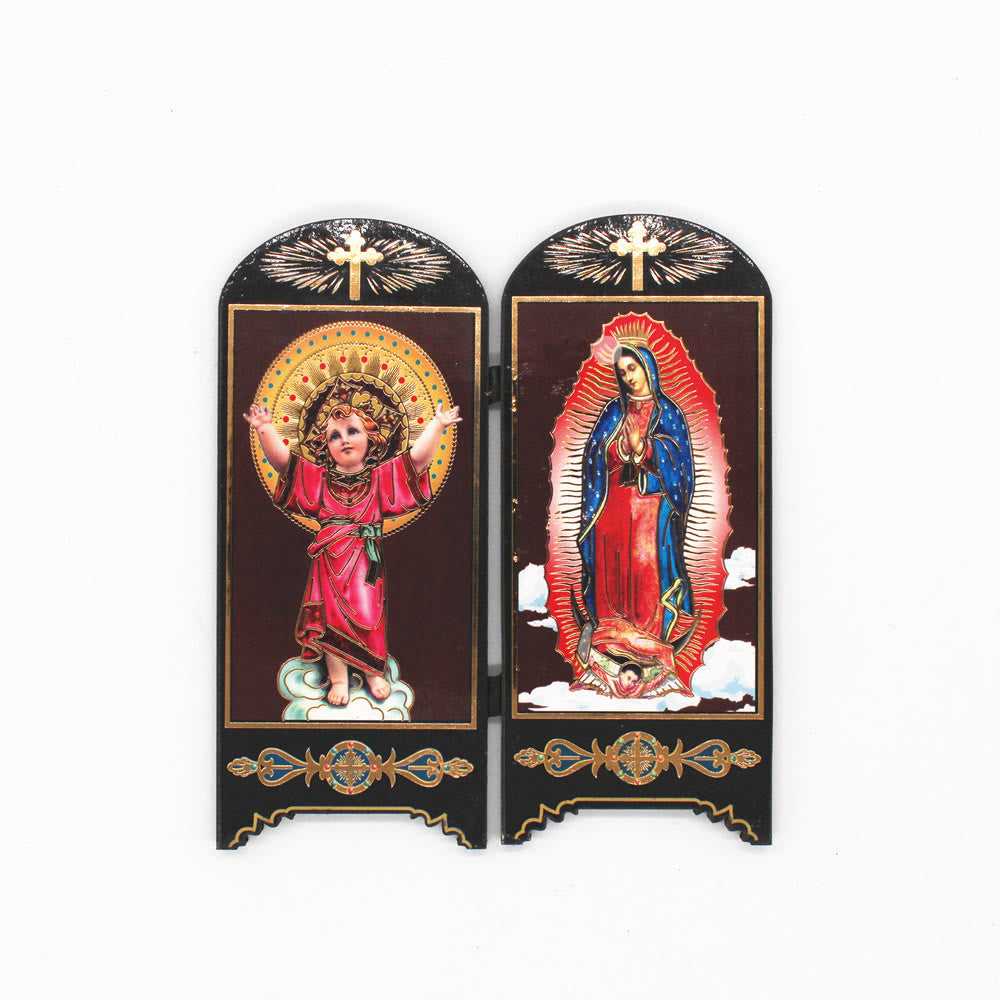 Christian Art Classic Style Brown Wood Board 7 Holy Icons Plaque Flat Desktop Ornaments