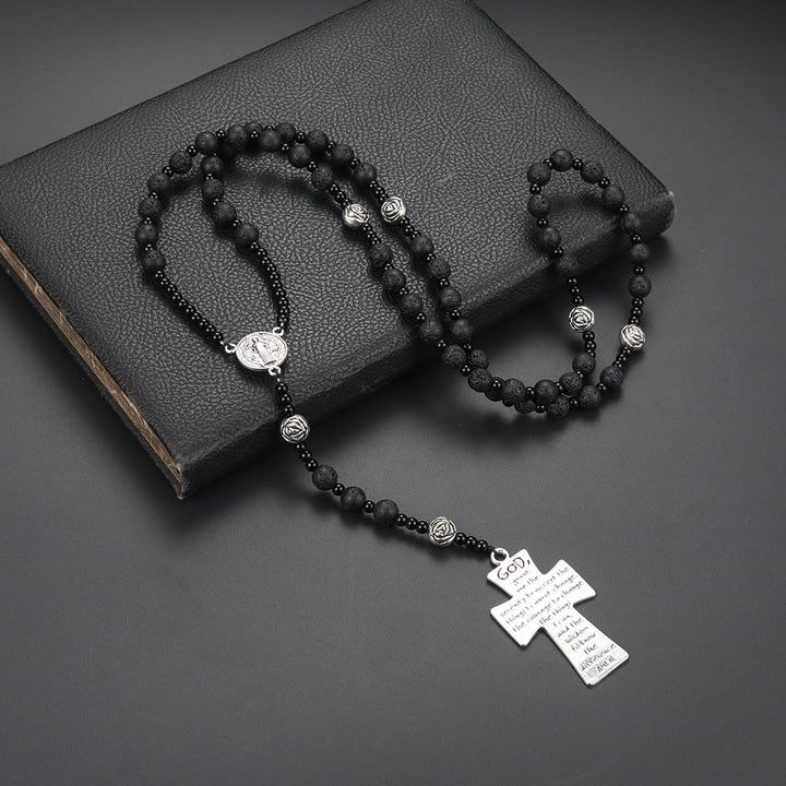 Christianartworkshop St. Benedict Medal & Cross of 8 mm Round Black Volcanic Stone Nylon Cord Rosary