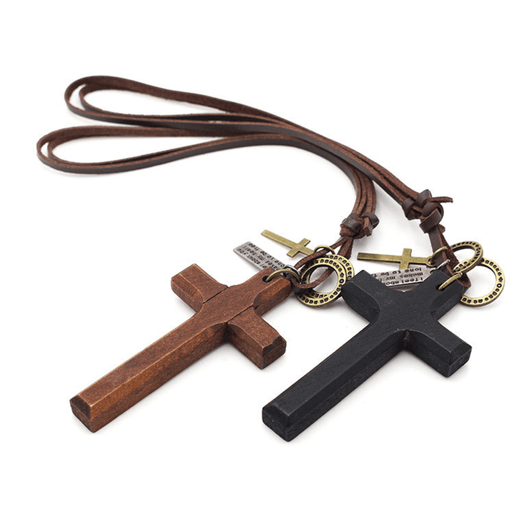Vintage Wood Cross Adjustable Leather Necklace