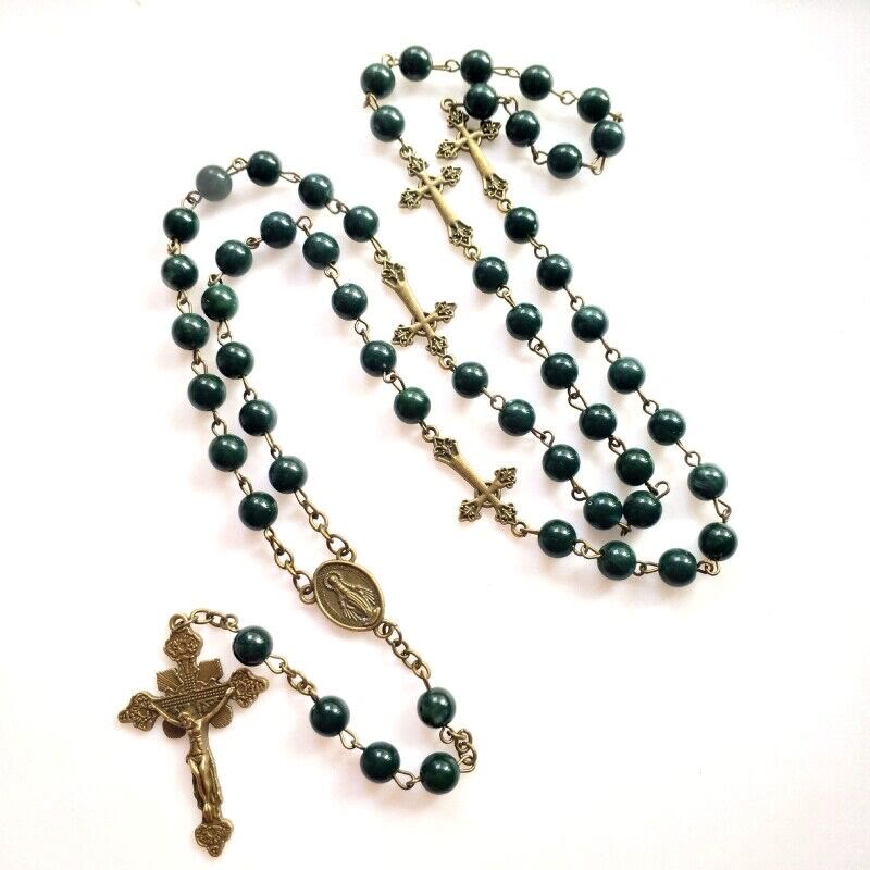 Miraculous Medal & Crucifix of 8 mm Round Green Acrylic Alloy Chain Rosary