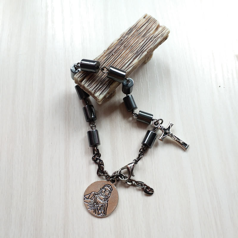 Jesus Scared Heart & Crucifix Hematite Simplicity Bracelet