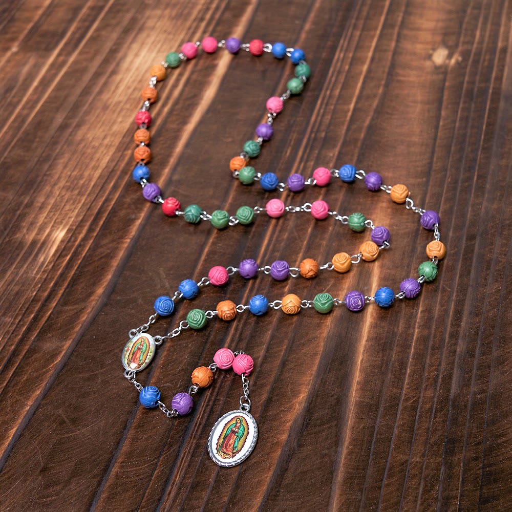 Christianartworkshop Our Lady of Guadalupe & Crucifix of 8 mm Rose Multicolor Resin Alloy Chain Rosary