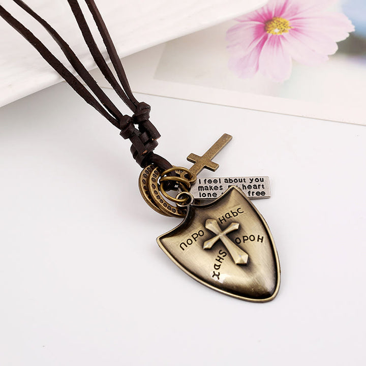Cross Shield/Retro Horn Leather Necklace